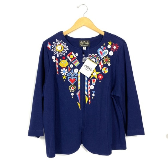 Bob Mackie Womens Cat Cardigan Sweater Cadigan Navy Size 1X Full Zip Casual Boho - Picture 1 of 13